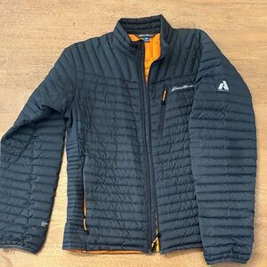 Eddie Bauer Men's Stormdown 800 Packable Down Jacket in Navy and Orange